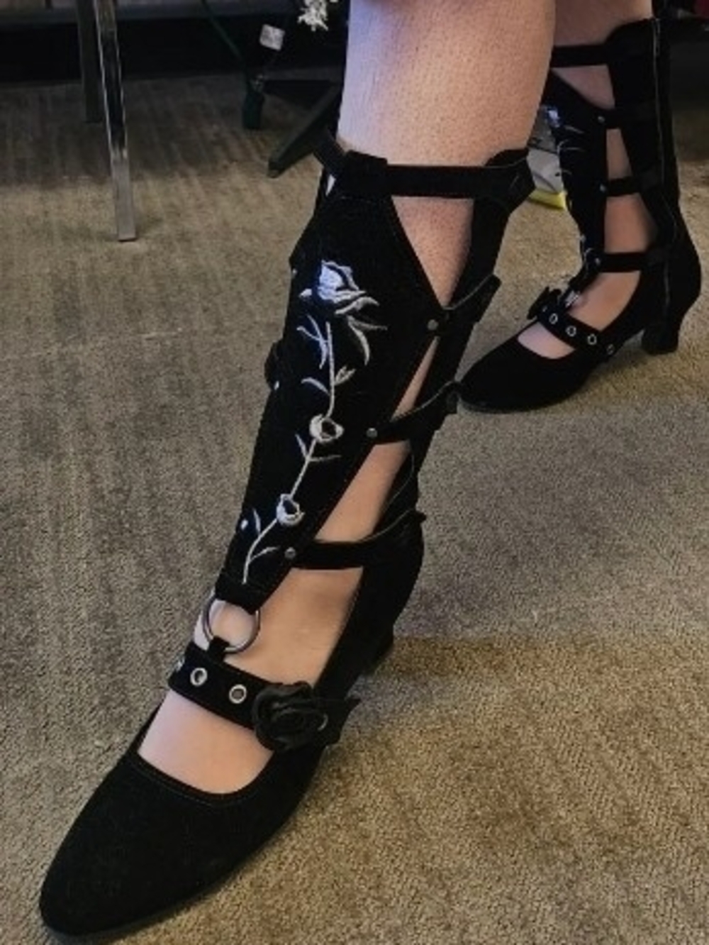 Demonia Black Knee-High Embroidered Strappy Heeled Boots
